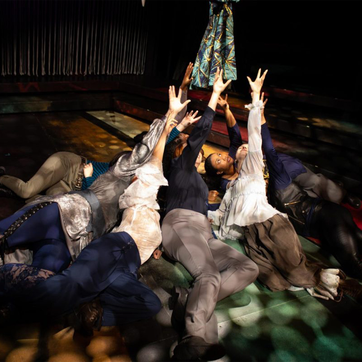 The SDSU cast of all-female Hamlets, Kylee Kyte, Ava Manly, Alana Marshall, Stephanie Norris, Gabrielle Ocampo, Sydney Pippen, Brooke Ann Schrock, and Donae Swanson prepare during a rehearsal for the premiere of the play. Play designed by scenic designer Lauren Richards, lighting designer Stephanie Ma’alona and costume designer Anastasiia Sennikova.